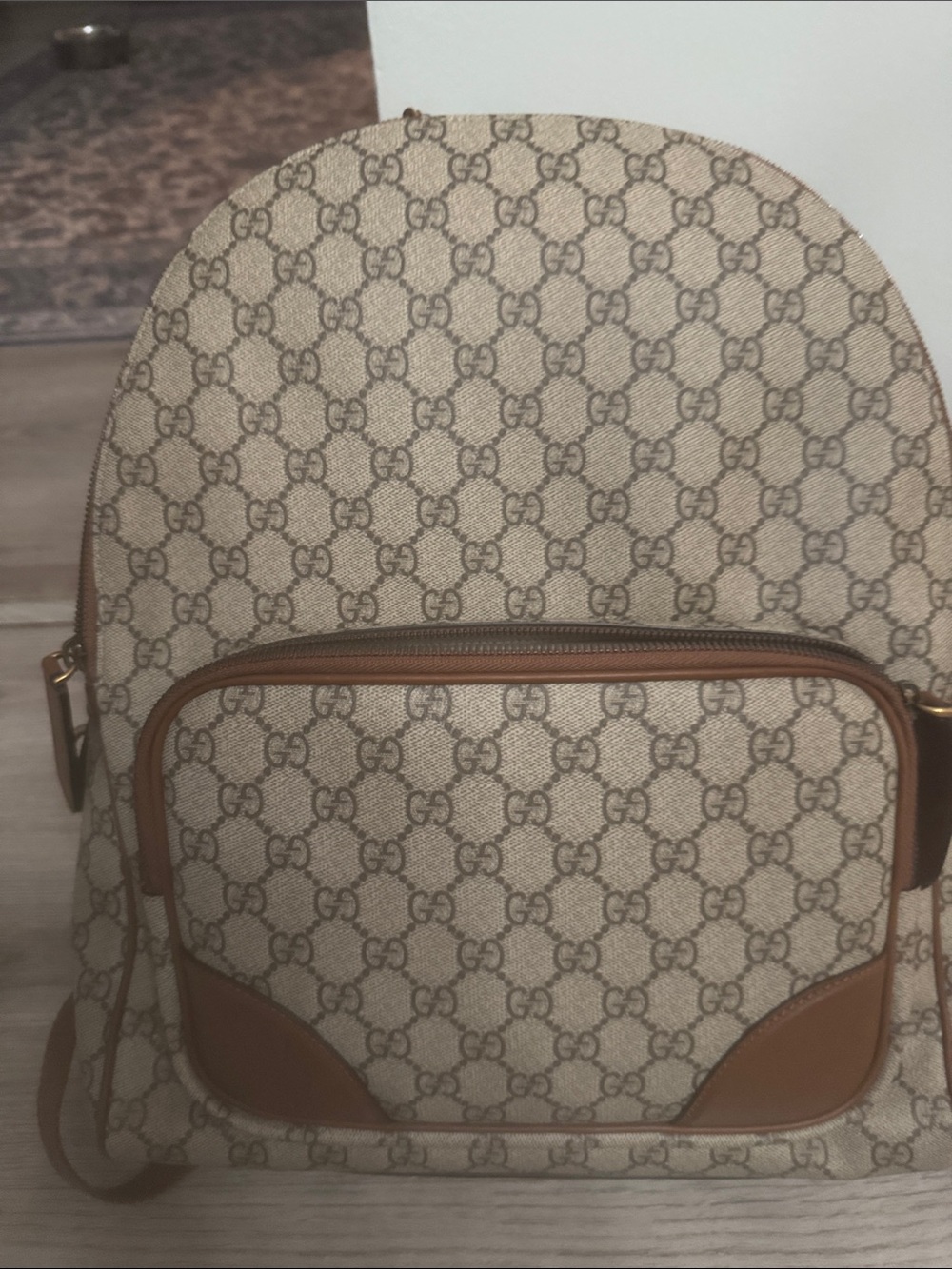 Gucci Beige GG Monogram Backpack with Tan Leather Trim